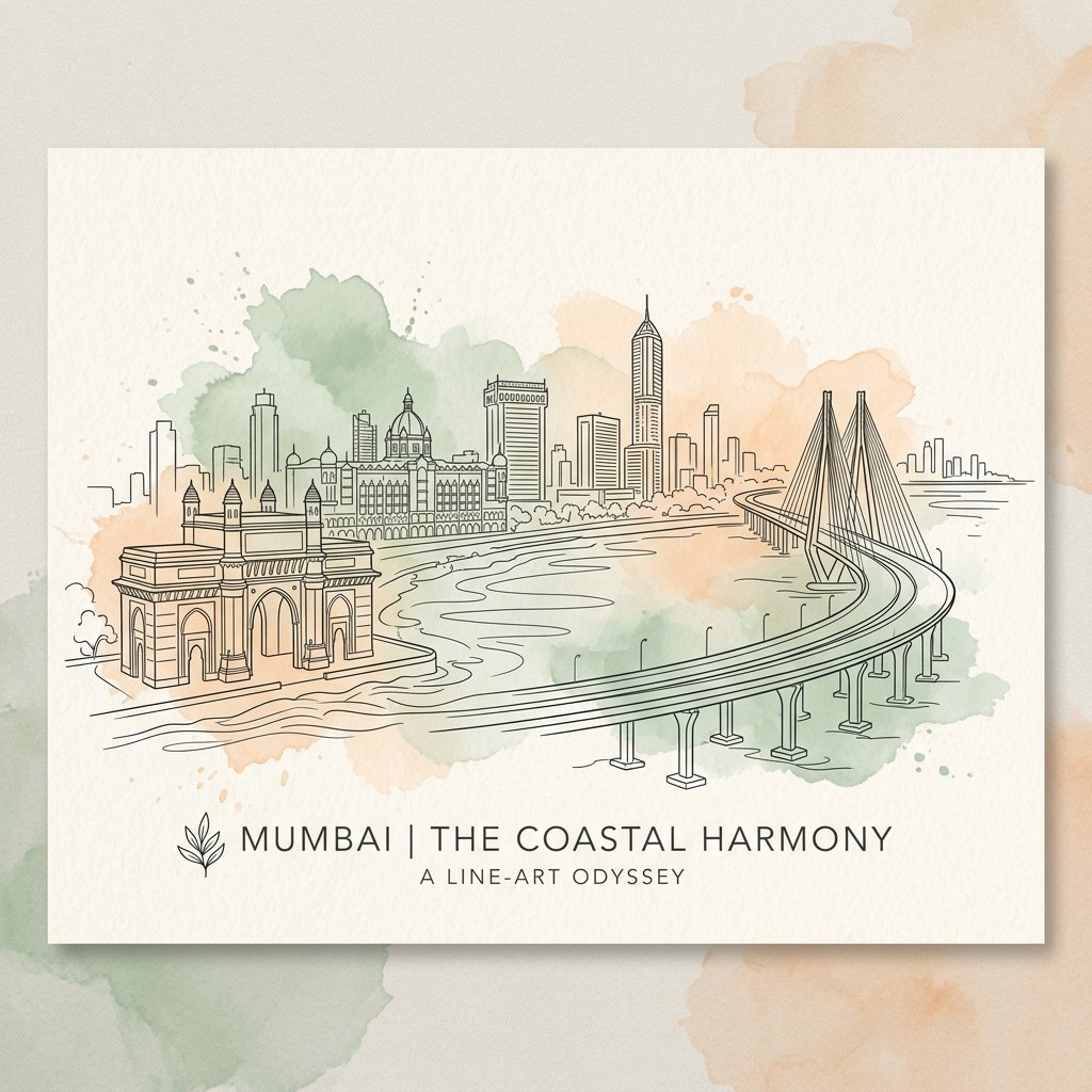 Mumbai Skyline Watercolor Sketch Art with Exotic Fruits - Call Seasons Fresh About Us