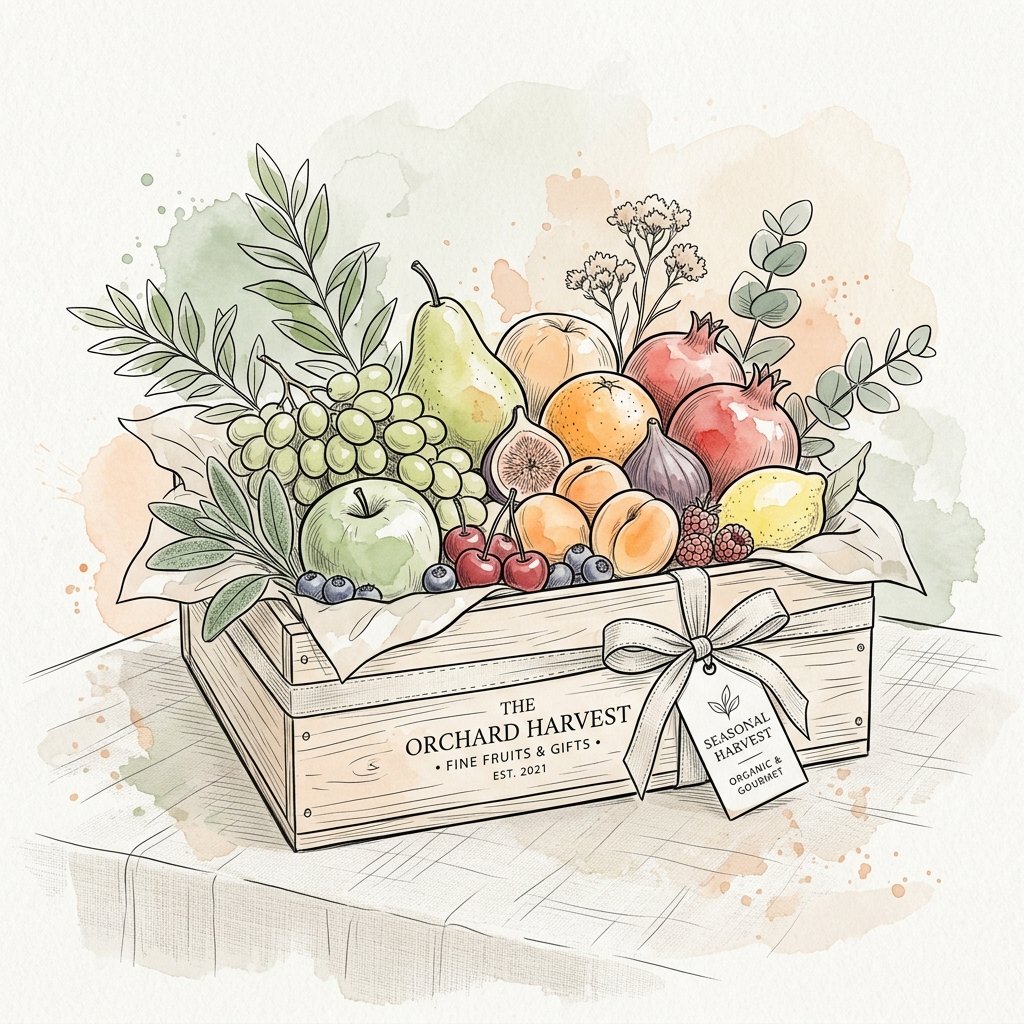 Luxury Fruit Hamper Gift Crate Sketch Illustration - Call Seasons Fresh Bulk Gifting