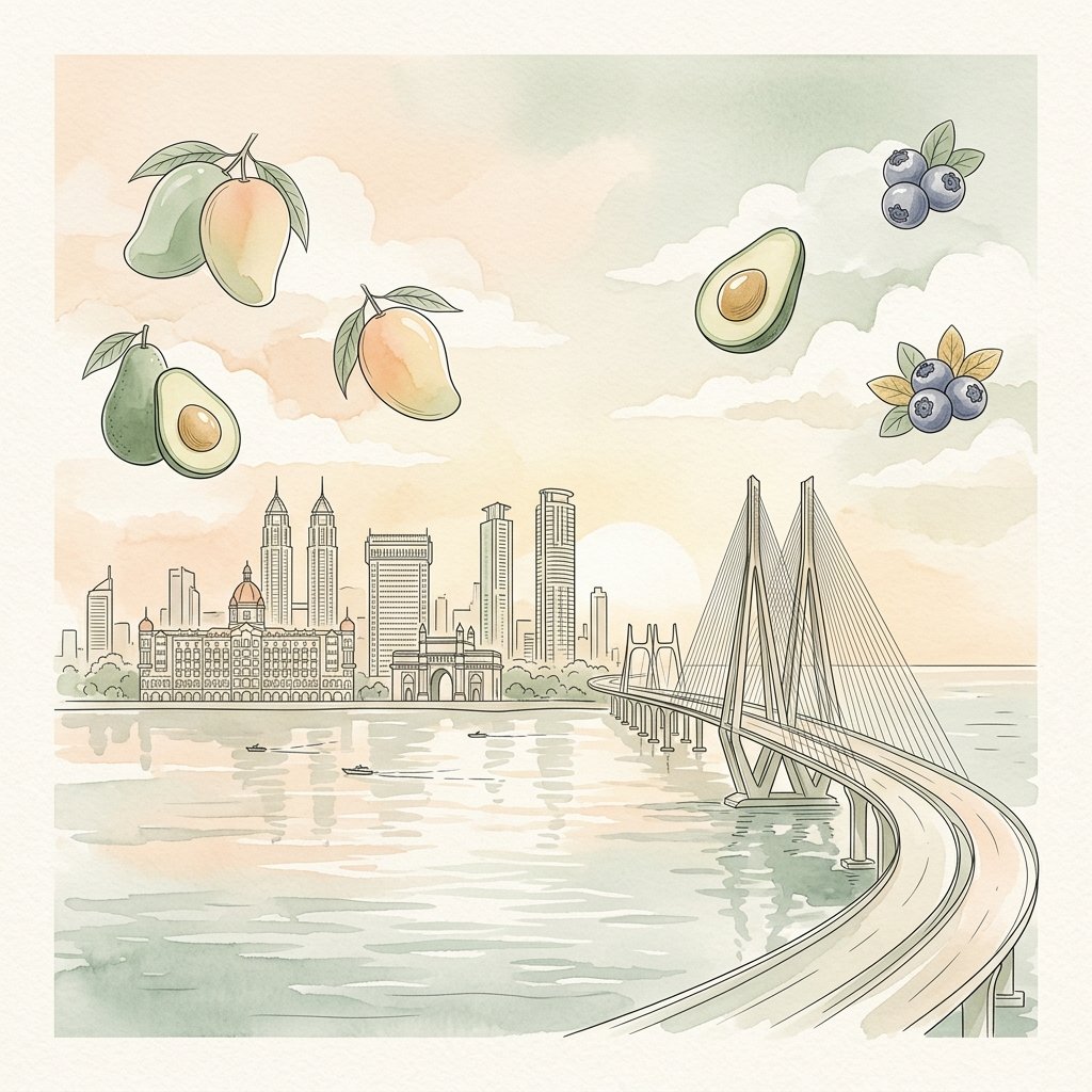 Mumbai Skyline Watercolor Sketch Art with Exotic Fruits - Call Seasons Fresh