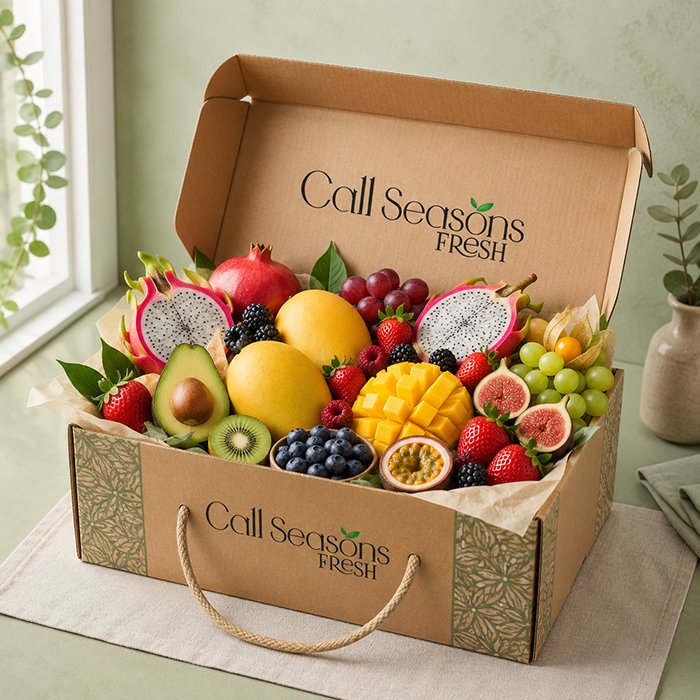 Premium doorway delivery box filled with fresh fruits