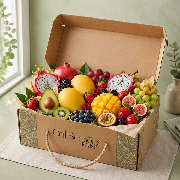 Premium doorway delivery box filled with fresh fruits